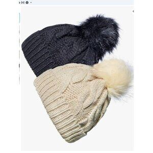 YSense 2-Pack Cable Knit Beanies With Faux Fur Pom-Poms For Kids Ages 1-6